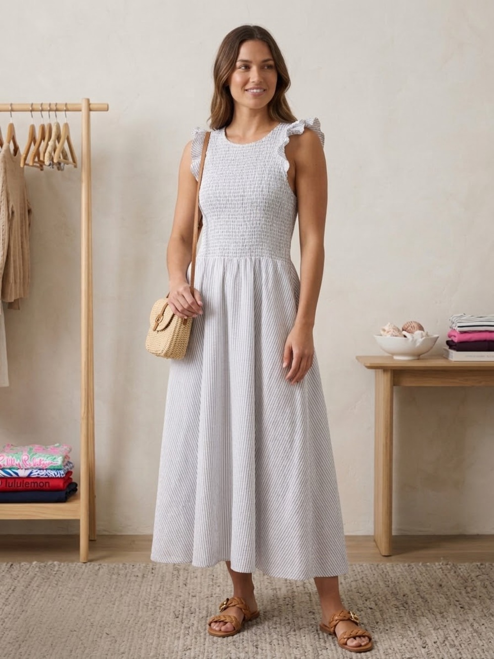 Gianni Bini Light Gray Striped Smocked Maxi Dress